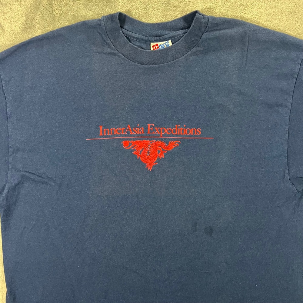 Vintage Hanes Tee Mens XL Navy Blue Single Stitch InnerAsia Expeditions Dragon